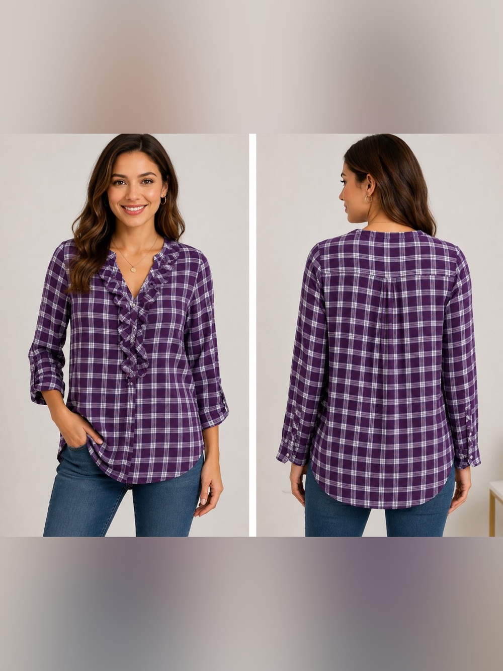 American Eagle Outfitters Purple Plaid Ruffle Front Button Top Size 12